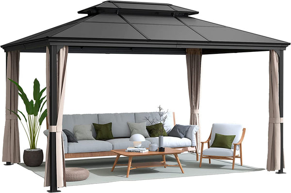 Aluminum Hardtop Gazebo with Privacy Curtains and Double Roof