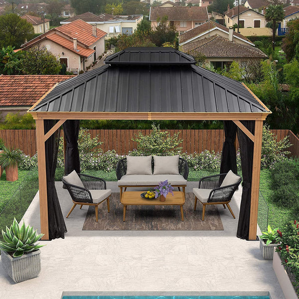 10' x 12' Outdoor Hardtop Gazebo with Netting and Galvanized Steel Roof