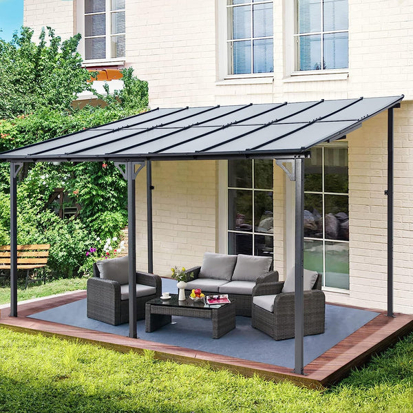 10' x 14' Gazebo for Patio, Hard Top Lean to Gazebo Pergola with Roof (140 Sq.Ft Shaded), Large Wall-Mounted Heavy Duty Awnings for Patio, Decks, Backyard and More