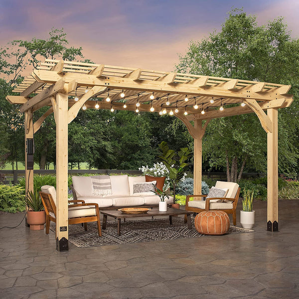 12 Ft. X10 Ft. Fairhaven Pergola, Natural Finish, Nordic Spruce Lumber, Support Winds up to 100 MPH, Powerport USB and Electrical Outlet, Backyard, Garden