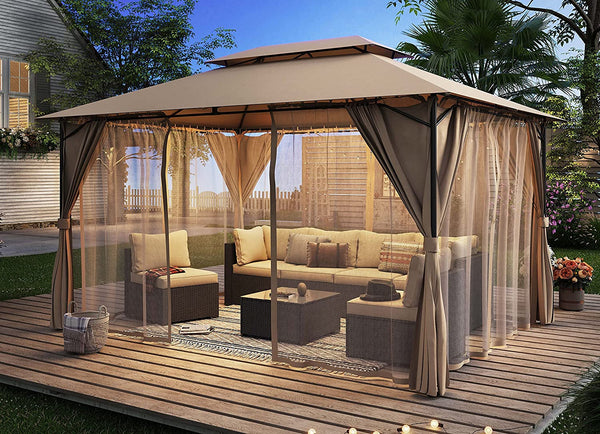 10x12ft Outdoor Gazebo with Mosquito Netting and Privacy Screen